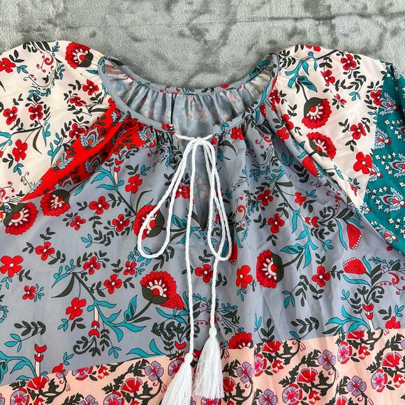Boho Floral Multicolor Patchwork Print Blouse Womens Sz M Tassel Tie Long Sleeve - Picture 3 of 16